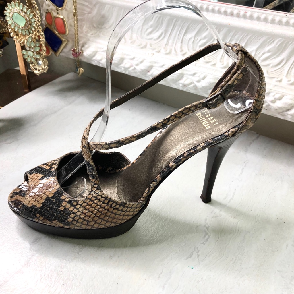 Stuart Weitzman Snakeskin Crossed Strappy Heels
